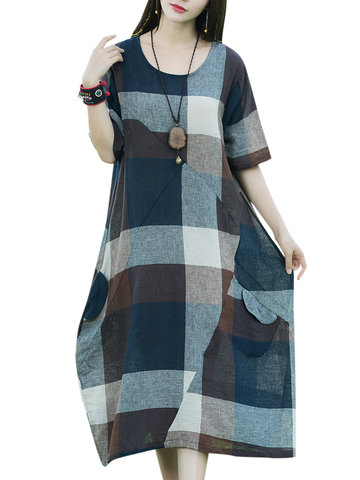 Casual Loose Patchwork Plaid O-Neck Short Sleeve Mid-Calf Women Dresses-Newchic-