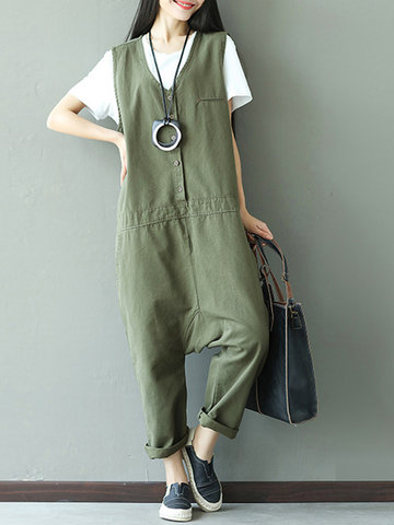 Casual Loose Solid Pockets Sleeveless V-Neck Harem Jumpsuits-Newchic-