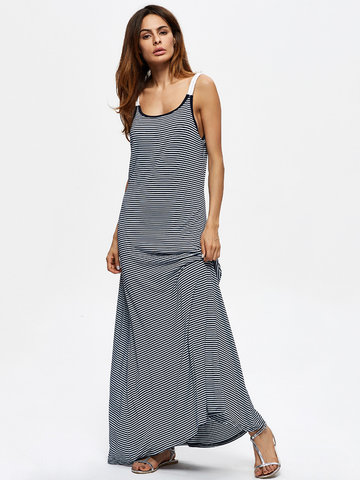 Casual Loose Stripe O-neck Sleeveless Maxi Dress For Women-Newchic-