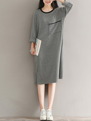 Casual Loose Striped Long Sleeve Women Dresses-Newchic-