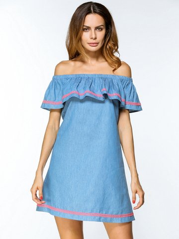 Casual Off-shoulder Flouncing Stripe Short Sleeve Women Mini Dress-Newchic-