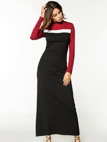 Casual Patchwork Long Sleeve Stand Collar Women Maxi Dress-Newchic-