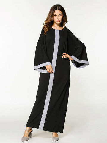 Casual Patchwork Loose Long Bat Sleeve O-neck Women Maxi Dress-Newchic-