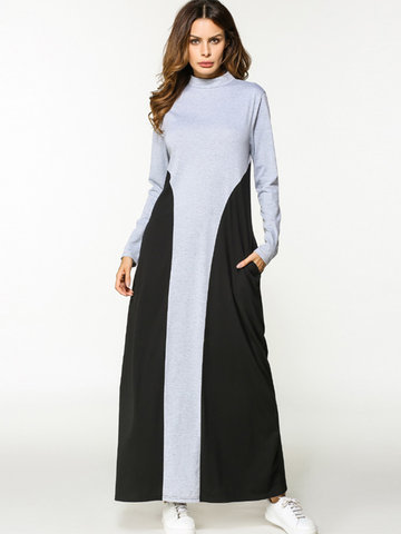 Casual Patchwork Stand Collar Long Sleeve Maxi Dress For Women-Newchic-