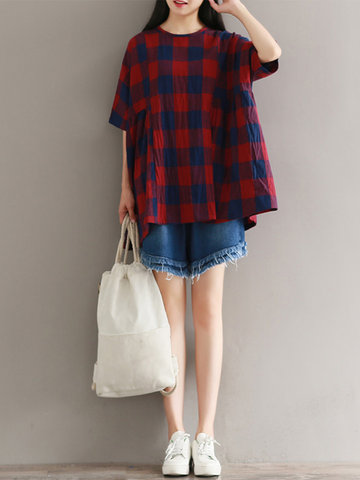 Casual Plaid Loose O-Neck Half Sleeve Women Blouses-Newchic-
