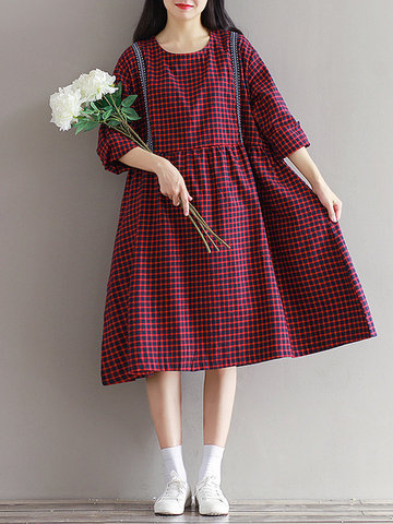 Casual Plaid Patchwork Button 3/4 Sleeve O-Neck Loose Dress-Newchic-