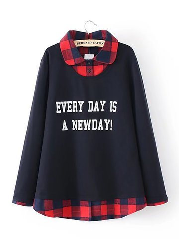 Casual Plaid Patchwork Fake Two-Piece Blouse-Newchic-