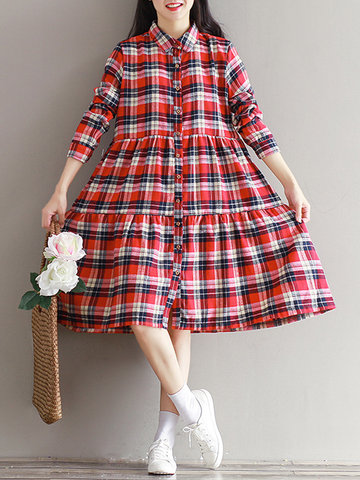 Casual Plaid Women Button Fly Dress-Newchic-