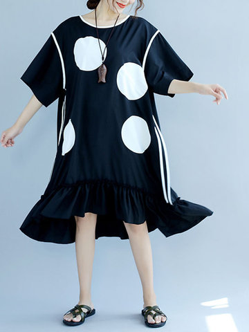 Casual Polka Dot Print Pleated Half Sleeve O-neck Women Dress-Newchic-