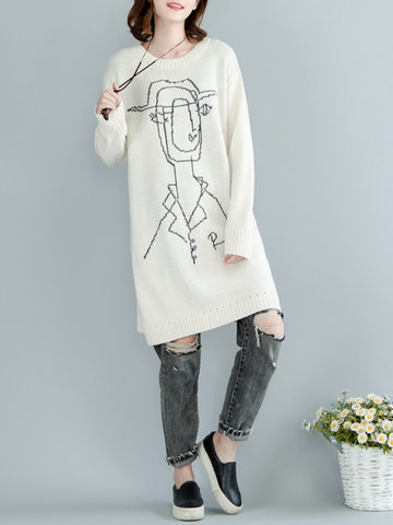Casual Print Medium Long Sleeve O-Neck Sweater For Women-Newchic-