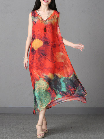 Casual Print Side Split Two-Layer Chiffon Sleeveless V-Neck Dress-Newchic-