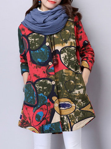 Casual Printed Button Fly Women Thick Coats-Newchic-
