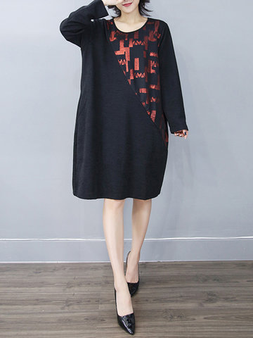 Casual Printed Stitching Long Sleeve Dress-Newchic-