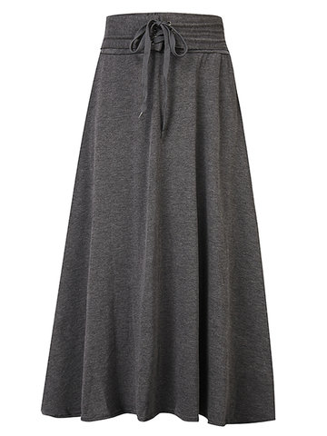 Casual Pure Color Drawstring High Waist Maxi Skirt For Women-Newchic-