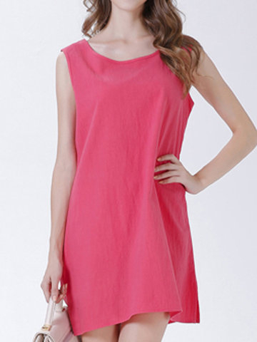 Casual Pure Color O-neck Sleeveless Mini Dress For Women-Newchic-