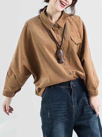 Casual Solid Batwing Sleeve Lapel Corduroy Shirt-Newchic-