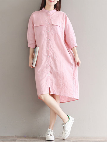 Casual Solid Color Loose Stand Collar 3/4 Sleeve Shirt Dress For Women-Newchic-