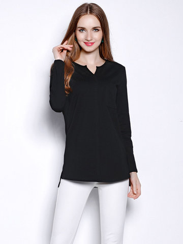 Casual Solid Color V-neck Long Sleeves Shirt-Newchic-