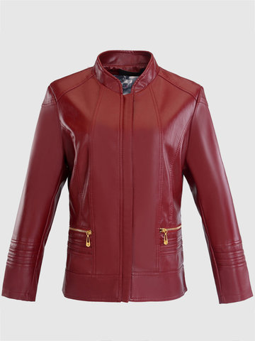 Casual Solid Color Women Leather Coat-Newchic-