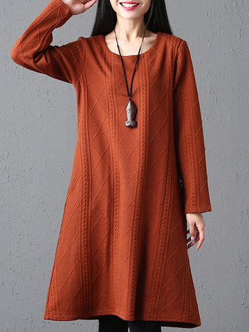 Casual Solid Embossed Long Sleeve Dress-Newchic-