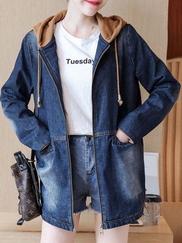 Casual Solid Hooded Denim Coat-Newchic-