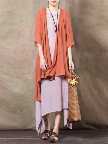 Casual Solid Irregular Hem 3/4 Sleeve Kimonos For Women-Newchic-