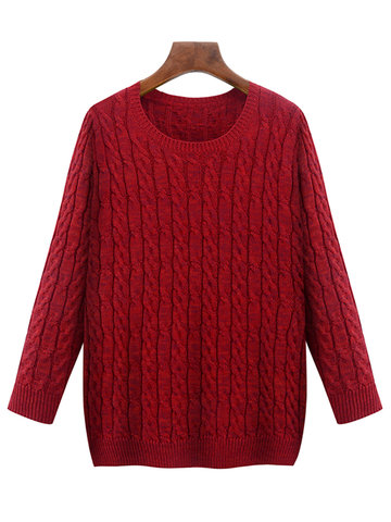 Casual Solid Long Sleeve O-Neck Knit Sweater-Newchic-