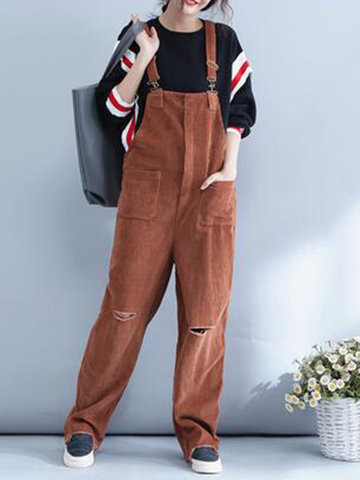 Casual Solid Strap Hole Corduroy Jumpsuits-Newchic-