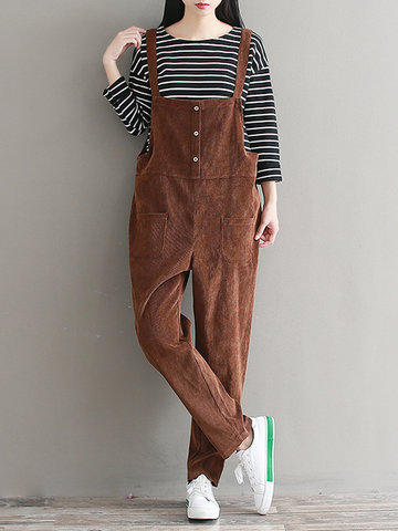 Casual Solid Strap Pockets Corduroy Jumpsuits-Newchic-