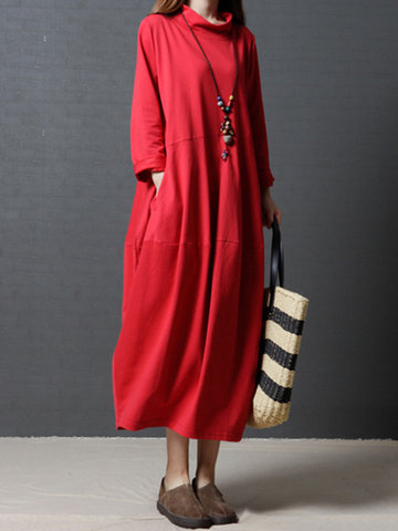 Casual Solid Turtleneck Long Sleeve Dress-Newchic-