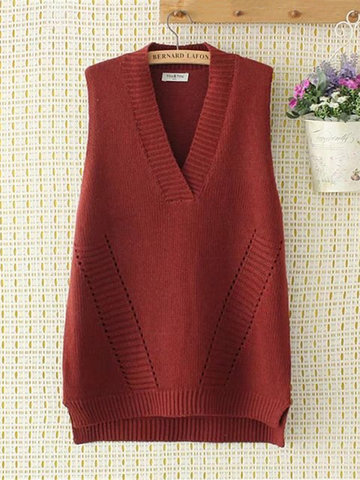 Casual Solid V-neck Sleeveless Knit Vest-Newchic-