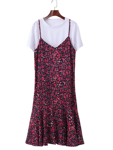 Casual Strap Printed Lotus Hem Dress For Two-piece Outfits-Newchic-