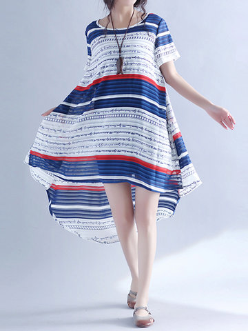 Casual Stripe Letter Print Irregular Short Sleeve O-neck Women Dress-Newchic-