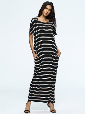 Casual Stripe Loose Short Sleeve O-neck Maxi Dress For Women-Newchic-