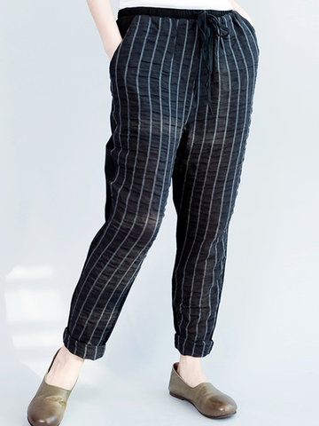 Casual Striped Elastic Waist Harem Pants For Women-Newchic-
