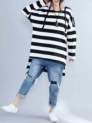 Casual Striped Long Sleeve Hooded High Low Blouse For Women-Newchic-