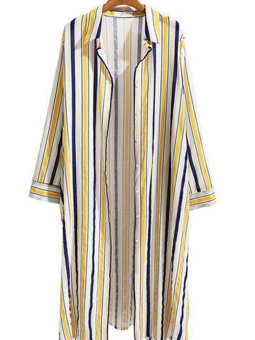 Casual Striped Side Split Button Turn-Down Collar Long Sleeve Kimonos-Newchic-