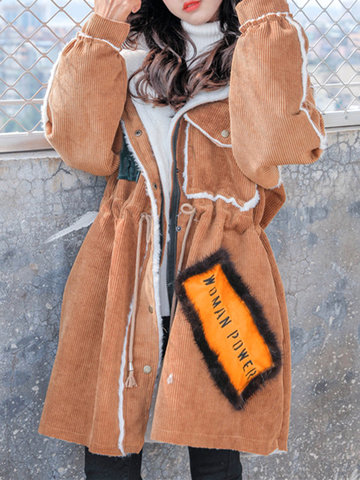 Casual Waist Drawstring Hooded Corduroy Coat-Newchic-