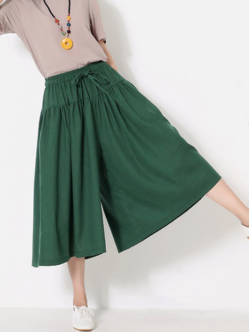 Casual Wide Leg Drawstring Waist Solid Color Women Pants-Newchic-