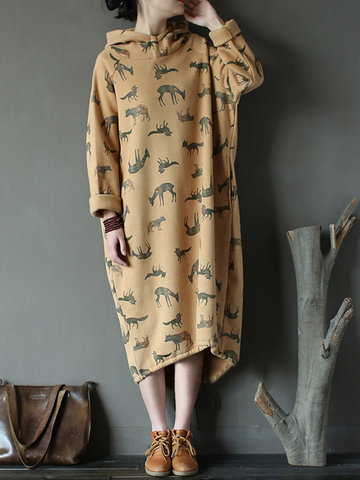 Casual Women Long Sleeve Hooded Print Dresses-Newchic-