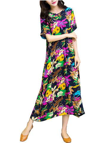 Casual Women Loose Floral Print Short Sleeve O-Neck Dress-Newchic-