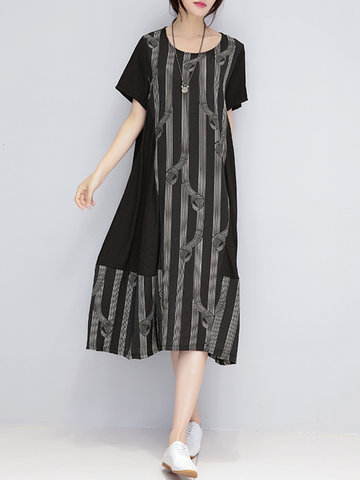 Casual Women O-Neck Short Sleeves Stripe Print Dresses-Newchic-