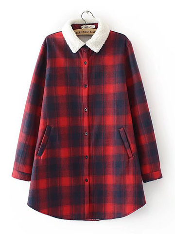 Casual Women Plaid Long Sleeve Lapel Thick Coat-Newchic-