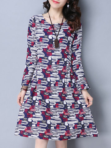 Casual Women Printed O-Neck Long Sleeve A-Line Dress-Newchic-