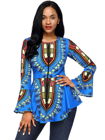 Casual Women Printed Trumpet Sleeve Blouse-Newchic-