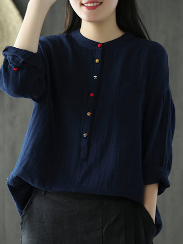 Casual Women Solid Stand Collar Shirt-Newchic-