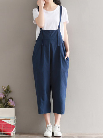 Casual Women Solid Strap Back Cross Pockets Jumpsuits-Newchic-