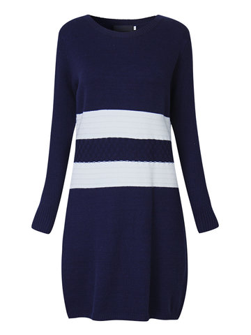 Casual Women Stripe Long Sleeve Slim Knit Sweater Dress-Newchic-