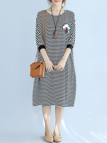 Casual Women Stripe Print 3/4 Sleeves O-Neck Dresses-Newchic-