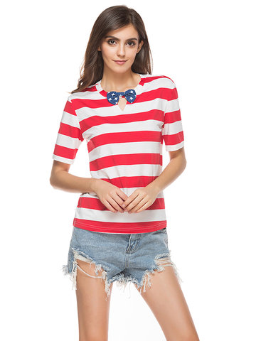 Casual Women USA Flag Printed Short Sleeve O-Neck T-Shirt-Newchic-